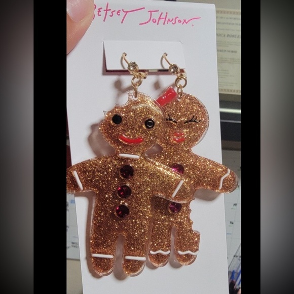 BETSEY JOHNSON XL Christmas Holiday Glittery Gingerbread Men Cookie Earrings NWT - Picture 1 of 2